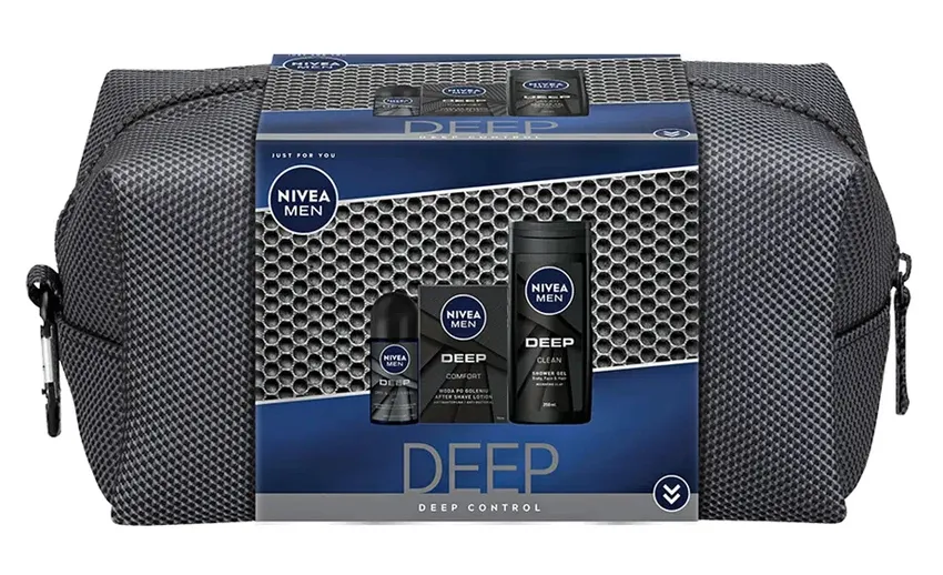 NIVEA Men Deep Control ZESTAW 4-ELEMENTOWY kosmetyczka + żel pod prysznic + woda po goleniu + deo roll-on